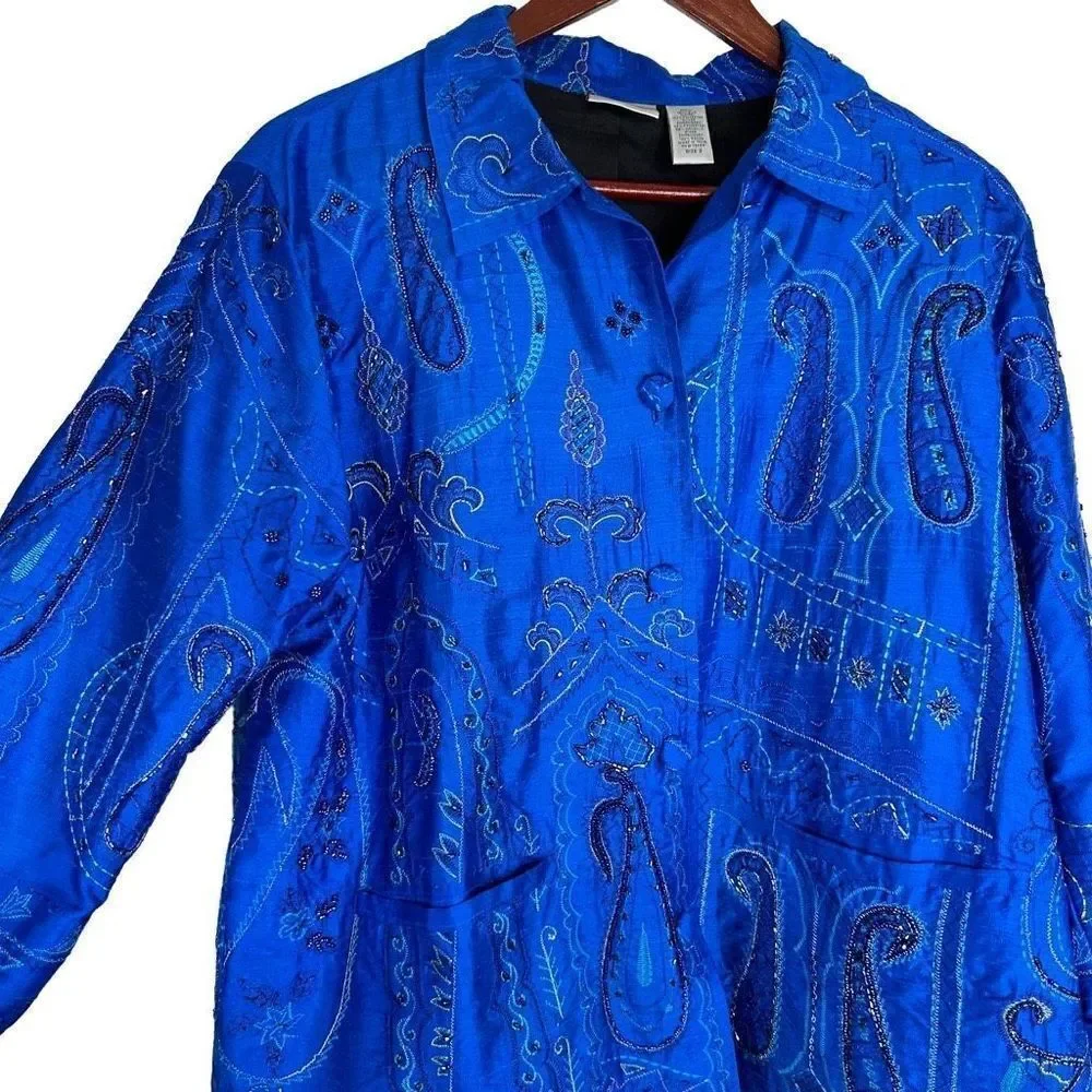 Vintage Chicos Silk‎ Embroidered Boho Blazer Jacket Large Cobalt Blue Satin Glam